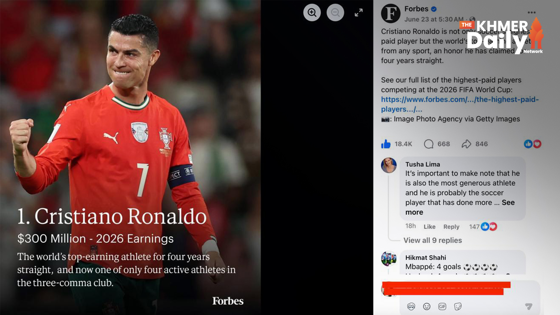 Cristiano Ronaldo ឈរចំណាត់ថ្នាក់ទី១ កីឡាកររកចំណូលបានច្រើនជាងគេបំផុតលើពិភពលោក