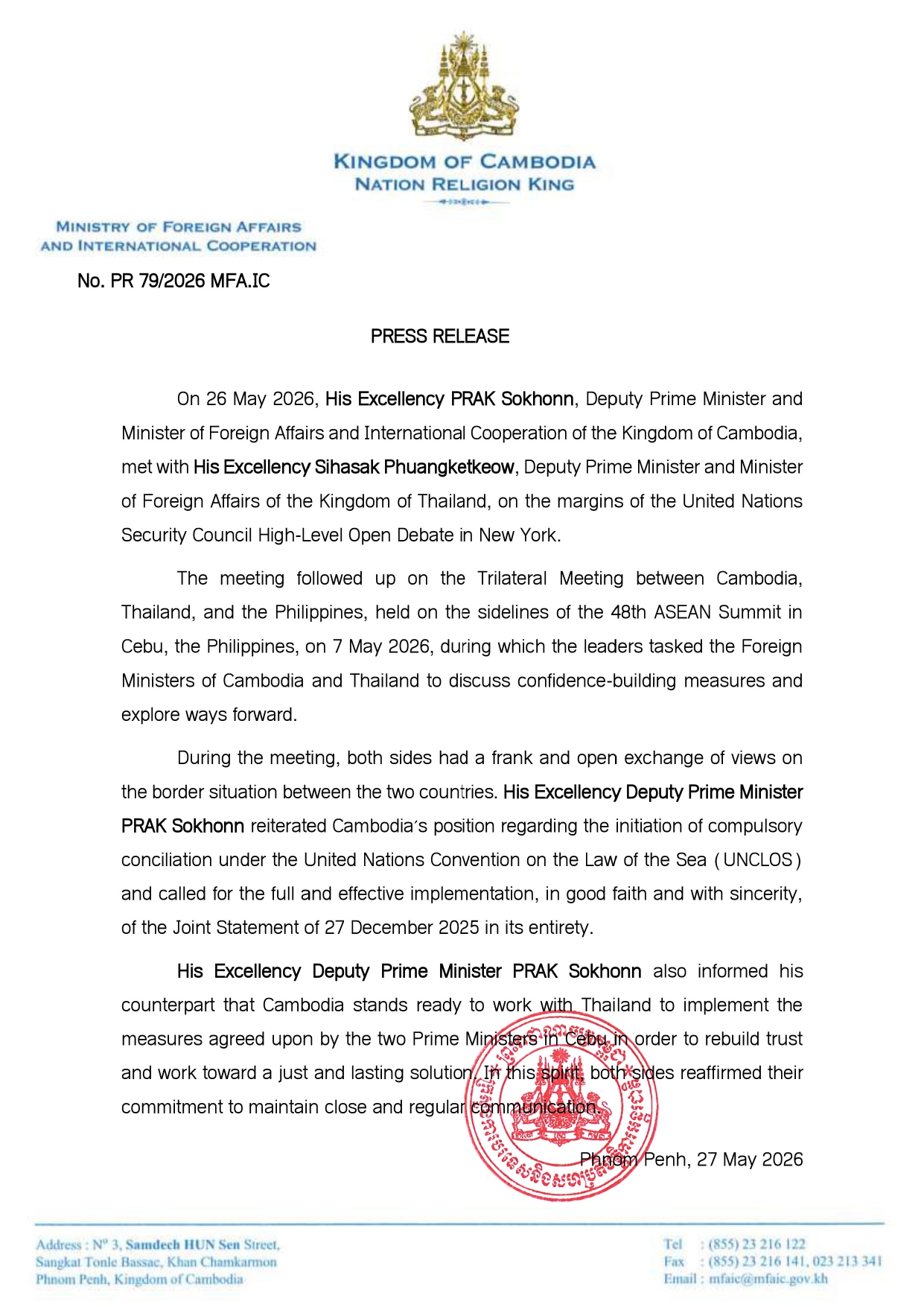 Image: MFAIC press release on Cambodia–Thailand talks — Source: MFAIC